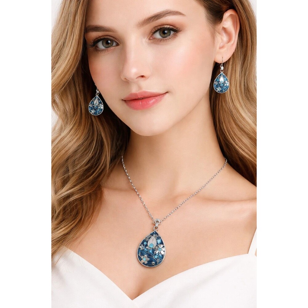 Elegant Blue Enamel Floral Teardrop Necklace & Dangle Earrings Set Fashion